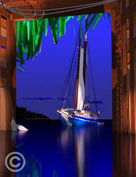 St. James Boathouse at Night by Stephen Harlan at Ocean Blue Galleries